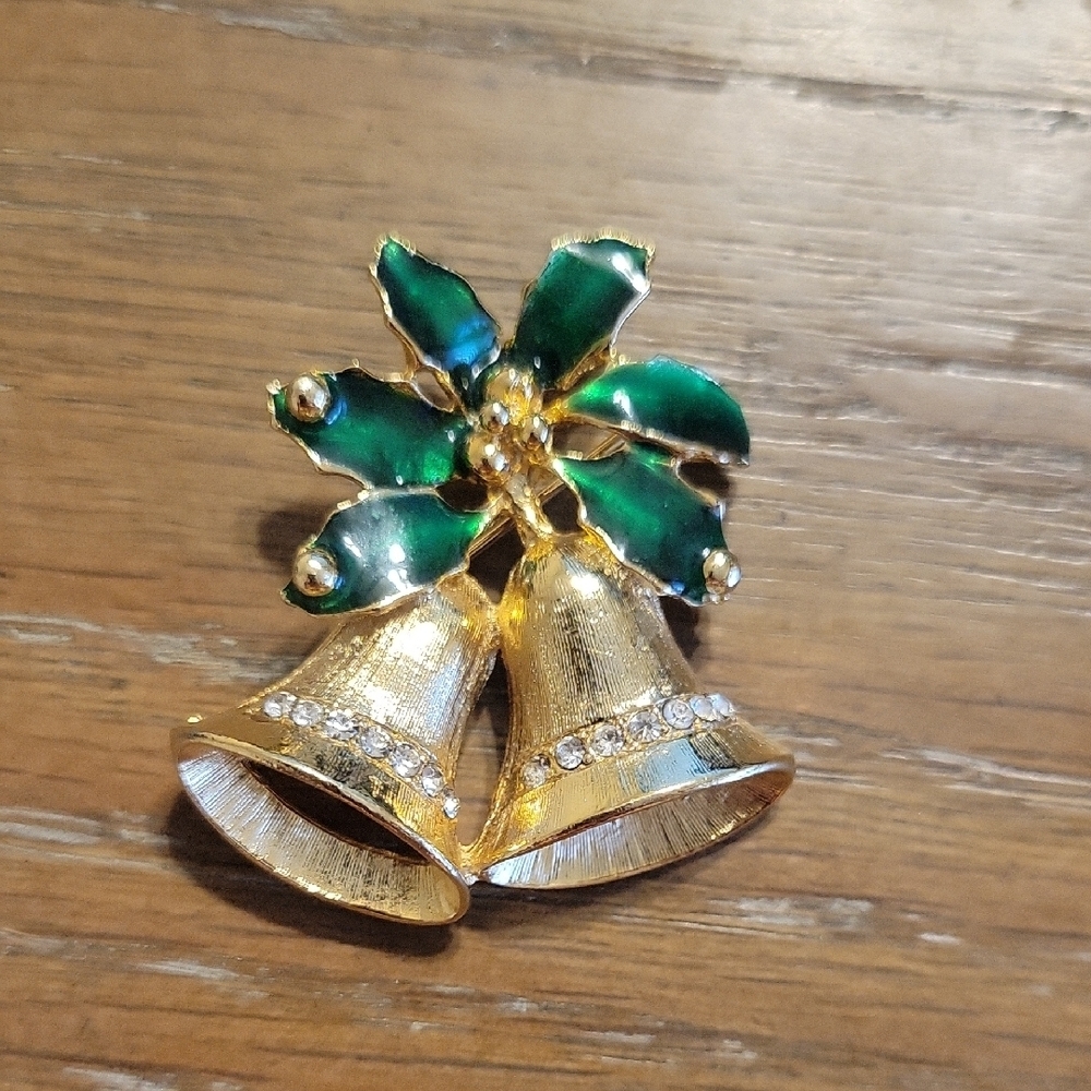 Elegant Gold tone and Green Bell Brooch chrystal accents